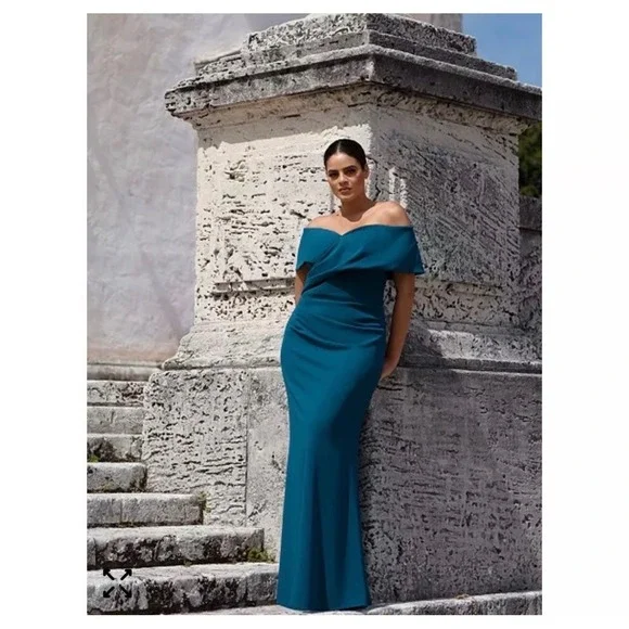 Betsy & Adam Womens Azure Off Shoulder Ruched Maxi Gown A25252W Teal 16W - Picture 3 of 6